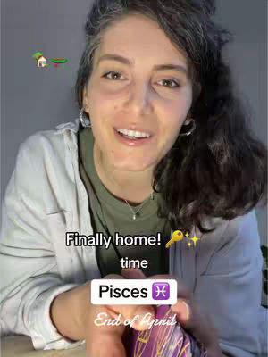A woman with dark hair smiles at the camera. Black text overlays read, \"Finally home! time Pisces End of April\". There's a small house and a key icon added.