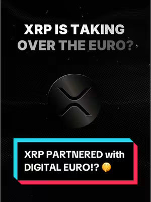 The cover image features a dark, textured background with the XRP logo prominently displayed in the center, rendered as a metallic, circular emblem. Above the logo, white text reads "XRP IS TAKING OVER THE EURO?" The bottom third of the image contains a colored rectangular bar with text that says "XRP PARTNERED with DIGITAL EURO!?" 