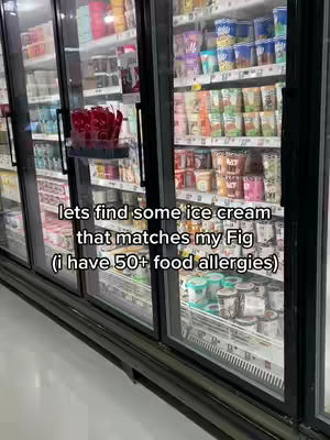 The image shows a display of freezer cases filled with various food products. The cases have glass doors with black frames. Text overlay is positioned in the lower center, describing the content like finding ice cream.