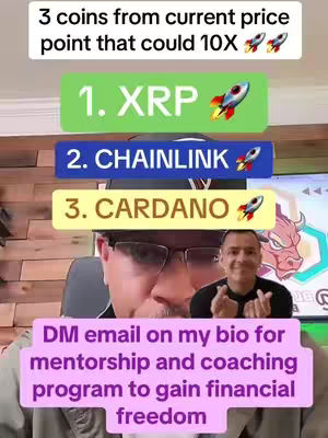The video cover image shows a man in glasses in the foreground, with a screen behind him. Overlayed on the top are the text boxes listing "3 coins" and then three crypto currencies. In the bottom section is a box with a call to action.