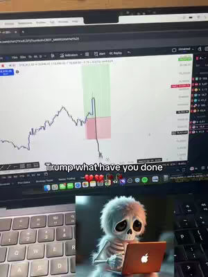 The cover image shows a laptop screen displaying a stock chart with a green and red overlay. Below the screen is an AI-generated image of a skeleton holding a red laptop with an Apple logo. The text overlay reads: Trump what have you done.