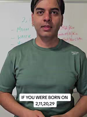 A man in a green shirt stands in front of a whiteboard with writing on it. Text boxes are overlaid with information about birthdates.