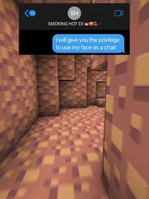 The image shows a textured interior with a text message overlay. The walls are covered in square, pixelated blocks, giving a Minecraft-like or digital aesthetic. A black message bubble is positioned at the top with the text 'I will give you the privilege to use my face as a chair'.