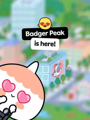 The cover image shows a cartoonish, round character with peach-colored fur on its head and side, white face and body. Its eyes are enlarged and shaped like pink hearts. It has a small black watch on its wrist. Above the character is a black rectangle with the words "Badger Peak is here!" written in white, with a yellow smiley face with hearts for eyes above the text. In the background is a blurred cityscape with a building containing a drawing of a badger on it.