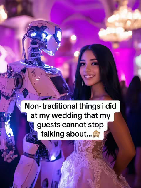 A woman in an elegant white dress stands next to a silver robot in a dimly lit room with a vibrant purple background. The woman is smiling and has long black hair, and the robot has a modern design. Text overlay on the image.