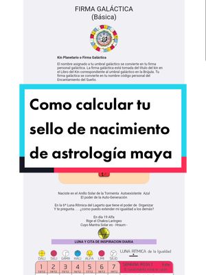 The cover image is a vertical graphic with a light blue background. It presents information about Mayan astrology, featuring text in Spanish and graphic elements such as a Galactic signature and a daily inspiration quote. The layout uses clear lines and color blocks to organize information, with a central heading emphasizing 'Como calcular tu sello de nacimiento de astrología maya', which translates to 'How to calculate your birth seal of Mayan astrology'. The overall composition is designed to be informative and visually appealing.