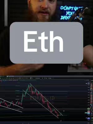 A man is speaking in front of a dark background, overlaid with a gray box containing the word "Eth". The bottom half of the image displays a stock chart with red and green lines.