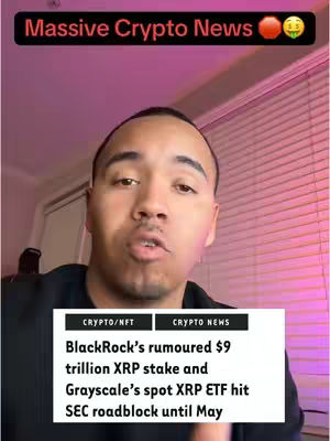 A selfie-style video cover with a man in the foreground, slightly angled towards the camera, against a background gradient combining pink and purple. Text overlays include the headline "Massive Crypto News" in a bold, red font, along with another block of text detailing information about BlackRock and XRP.