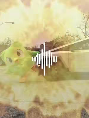 The image presents a surreal or humorous scene featuring a mascot character, possibly representing a language learning app. It is standing on a road with a vehicle, possibly a truck, next to them. The scene is distorted with a bright yellow and orange filter, with the background blurred. A sound wave is overlaid on the scene.