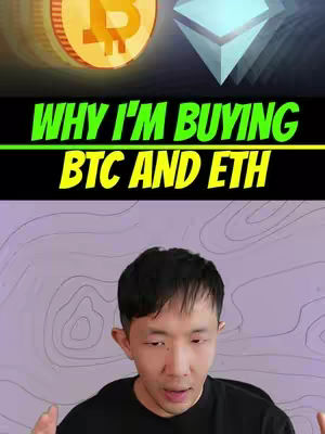 The cover image features a man in front of a purple and white background. At the top, the Bitcoin and Ethereum symbols are displayed. The text overlay reads 'Why I'm Buying BTC and ETH'. The creator is a person of Asian descent. The overall layout is designed to draw viewers into the subject of the video.