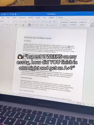 A laptop screen displays a Word document with the title "Exploring the Marvel of Human Anatomy." Below the title is body text discussing anatomical structures visible in the image, the laptop showcases a partial view of the keyboard and the display is angled, with the upper-right corner of the screen showing the interface of the document. An overlaid text bubble contains a quote and a cartoon avatar, with the question: "I spent 2 WEEKS on my essay, how did YOU finish in one night and get an A+?"
