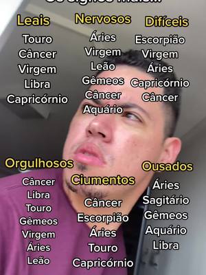 A man looks upwards with text overlay on the image. The text is divided into lists labeling zodiac signs by perceived traits.
