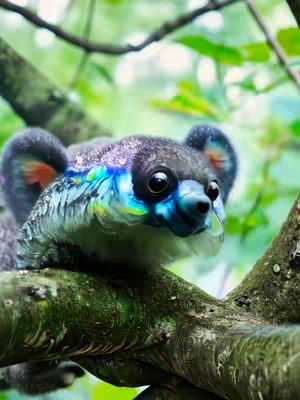 A close up of a fantastical creature perched on a tree branch, blending features of a lemur and a koala, with vibrant blue and iridescent colors on its face. The background suggests a lush green forest.