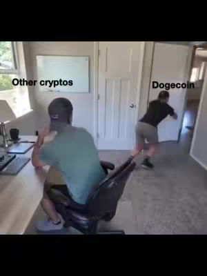 The cover image is a meme-style illustration set indoors, depicting a scene with two men. On the desk side of a desk sits a man in a gray shirt. In the background, another man sprints away, creating a sense of urgency or pursuit within a room with white walls and doors. The man in the background is identified as "Dogecoin" and the man at the desk is "Other cryptos"