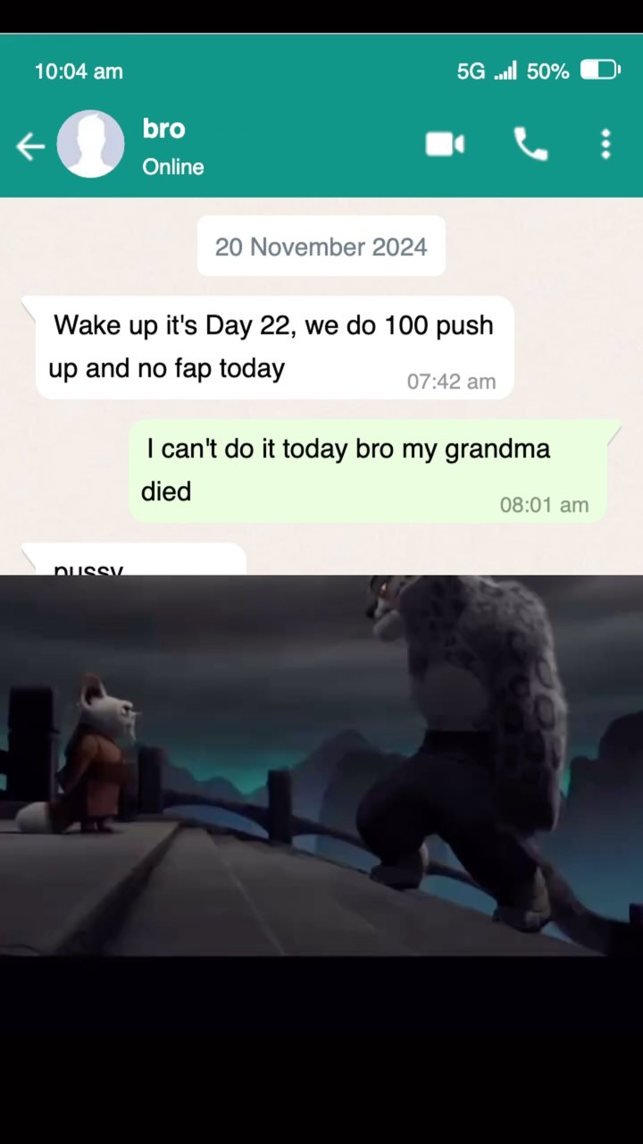 The image is a screenshot of a mobile chat conversation layered with a scene from the 'Kung Fu Panda' movie. The chat displays a request for workout with a follow-up message explaining the inability to do it. The scene shows two animated characters in a dramatic setting under an overcast sky.