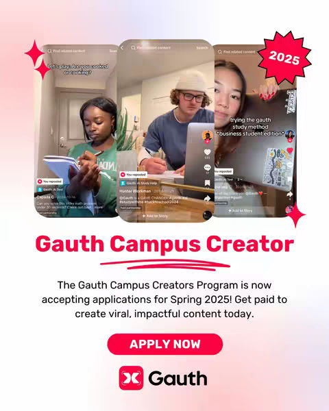 The cover image is a vibrant promotional graphic for the Gauth Campus Creators program. It's designed with a clean layout, using a mix of screenshots and graphic elements to draw attention. The primary colors are a gradient that blends from pink to dark red, complemented by white and black text. The layout includes a series of screenshots of what look like a social media feed, each showcasing different people using the Gauth platform. The screenshots are arranged in a dynamic, slightly overlapping manner, which suggests movement and ease of use. The text overlay and logo are clearly visible and inviting, with a call to action urging viewers to apply. Overall, the image is visually appealing and modern, providing viewers with a succinct yet engaging overview.