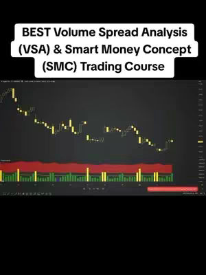 The cover image displays a dark background with a white, centered text overlay in a rectangular shape, reading "BEST Volume Spread Analysis (VSA) & Smart Money Concept (SMC) Trading Course." Below the text, a chart showing financial data is visible. The chart has yellow and white candlestick patterns indicating price fluctuations, along with a red and green horizontal bar representing volume. The overall composition is focused on conveying financial trading education.