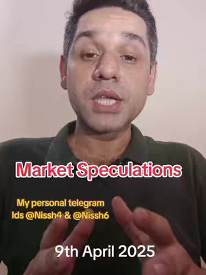 A man is centered in a frontal shot, facing the camera against a beige-colored wall. The man has short, dark hair and is wearing a dark green collared shirt. Text overlays include "Market Speculations" in bold red letters, text indicating his personal telegram, and "9th April 2025". The man is speaking, with his hands gesturing to either side.