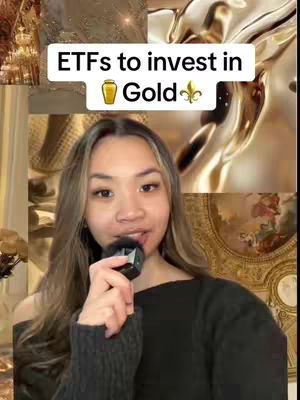 The image features a woman in a black top holding a lapel microphone. She looks at the camera, and the background features a collage of gold-toned and ornate architectural elements, with a text overlay reading, "ETFs to invest in Gold."