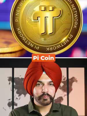 The cover image features a man wearing a red turban, with a close-up shot. Above him, there's a gold coin with the Pi Network logo and the words 'Pi Network' circling the coin. A text box labeled 'Pi Coin' is placed over the man's head.