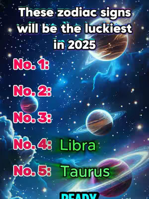 A cosmic-themed image featuring a deep blue night sky filled with twinkling stars and several planets with rings. Text overlays indicate rankings and zodiac signs.