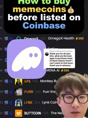 The cover image shows a man with glasses in the lower right corner with the title "How to buy memecoins before listed on Coinbase" in yellow and black text on the top. A social media interface is in the center-left, with a comment bubble.