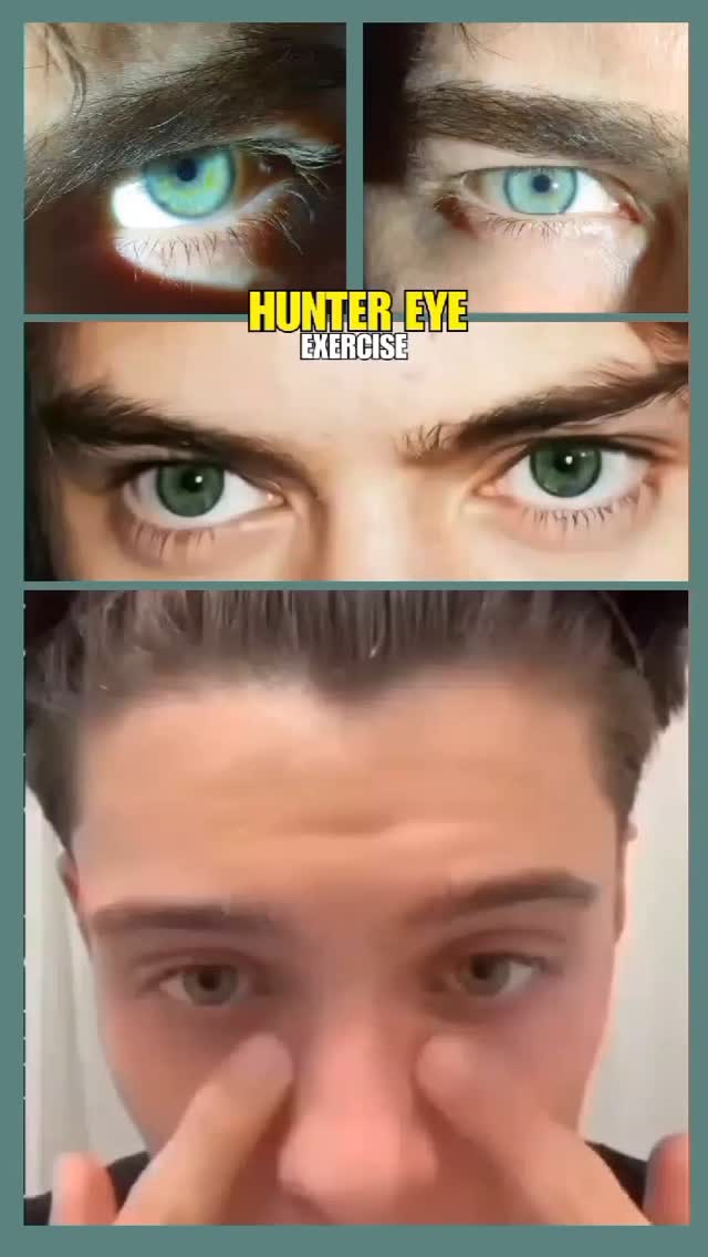 The cover image is a vertical collage focusing on eyes. The top section contains two sets of eyes, one pair with blue eyes and the other with green. The middle section shows a pair of green eyes. The bottom section shows part of a man's face with his hands near his eyes. Overlay text in the center spells out "HUNTER EYE EXERCISE". The overall layout is framed, maintaining a cool and informative tone.