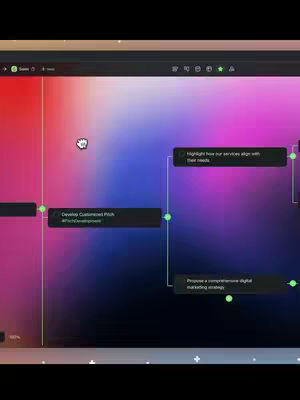 The image shows a Taskade interface, displaying a gradient background transitioning from pink to purple and blue. Several text bubbles and connecting lines are present, suggesting a workflow diagram. The top left corner has menu options, and the overall design is modern and clean.