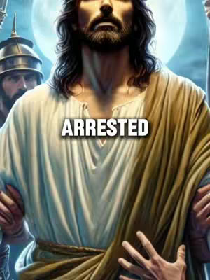 The image shows a close-up of a person resembling Jesus with a halo effect in the background, possibly an illustration or AI-generated image. The person is wearing a white robe with a gold sash. Two guards are visible behind him. The image has a serious tone, enhanced by the text overlay 'ARRESTED'.