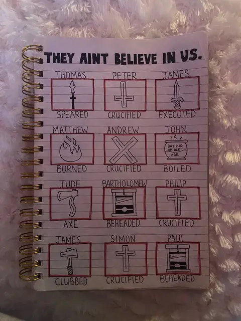 A notebook page with handwriting and drawings. The title "THEY AINT BELIEVE IN US." is at the top. Below this, names of biblical figures such as Thomas, Peter, James, Matthew, Andrew, John, Jude, Bartholomew, Philip, James, Simon, and Paul are listed, each inside a square box. Underneath each name is a description of how they died or something associated with them, described with a drawing. The page is placed on a fluffy, white surface.
