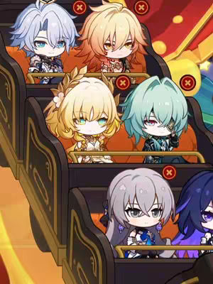 An image featuring a group of anime-style characters, possibly from a game or animated series, riding a roller coaster. The characters are depicted in a chibi style, with large eyes and exaggerated features. They are seated in the coaster cars, and the overall composition suggests a fun, playful theme.