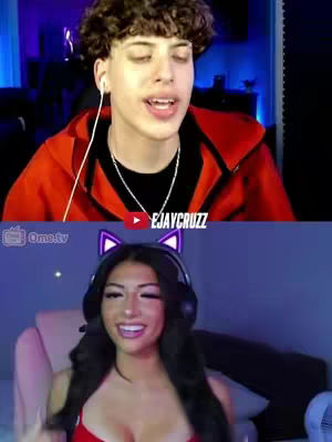 The cover image is a split screen of two webcams. The top half shows a young man with curly brown hair, wearing a red hoodie, and a silver necklace. He has an animated expression and is speaking. Below him, the bottom half shows a young woman with long dark hair in a webcam setting with a cat-ear headset. She is smiling and looking towards to the right.