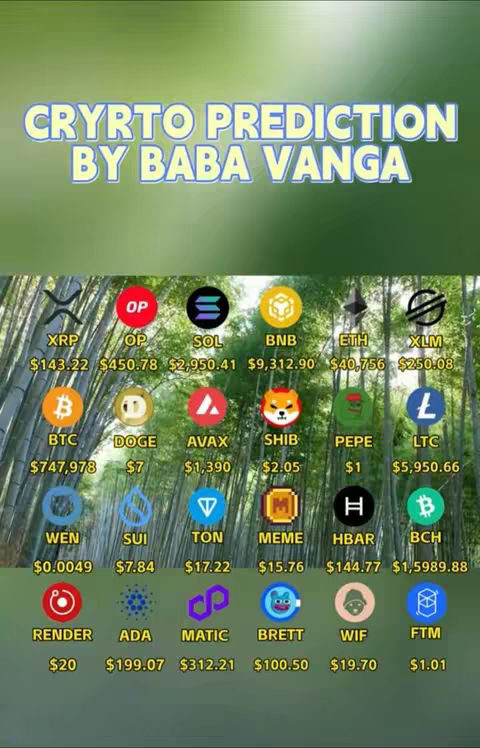 The cover image is a graphic with a green background that transitions from a lighter shade at the top to a darker shade at the bottom. In the center, it features a list of cryptocurrency logos and their corresponding predicted values. The text overlayed on the top spells out "CRYRTO PREDICTION BY BABA VANGA". The arrangement is set against a backdrop of bamboo trees, which add a natural visual element.