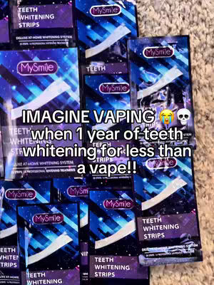 A close-up shot of multiple boxes and packets of teeth whitening strips. The layout is a pile of packs, and text overlays are added for emphasis and promotion.