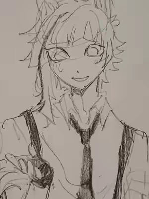 A sketched drawing of a character with spiky hair wearing a collared shirt and suspenders, with a tie. The character has large eyes, and is smiling. The image is largely black and white.