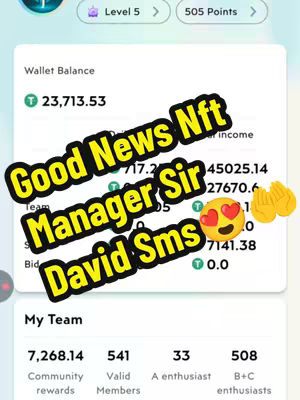 A screenshot from a mobile app, possibly a cryptocurrency platform. The interface shows wallet balance, team details, and other financial data. Overlaid are stylized text elements highlighting good news. The overall color scheme is a mix of white, green, and yellow.