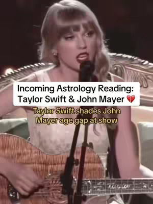 The cover image shows a still from a video featuring Taylor Swift. She's in frame holding a microphone, mid-song, with her guitar. The shot is somewhat close-up, with her head and shoulders dominating the frame. Overlay text reveals that the topic is the astrology reading and the age gap between Taylor Swift and John Mayer.