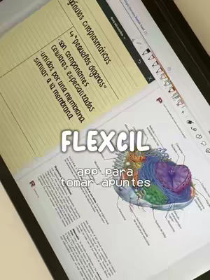 The cover image shows a close-up view of a tablet screen displaying digital notes and an app interface with a scientific illustration. The top left corner has a yellow sticky note with handwritten text. White text with a drop shadow says "FLEXCIL" and below it says "app para tomar apuntes".