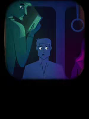 An animated illustration with a dark, vignette style. A human figure with a white shirt in the bottom third of the image, looking up in surprise, and a green figure with an open book is standing above him. The characters are set against a dark background with a suggestion of an interior setting.