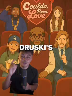 A cover image features the creator in the foreground, pointing a finger at the viewer. Behind him is an animated scene. An animated title that says 'Coulda Been Love' with an attached heart is at the center, a few animated characters are in the seats.