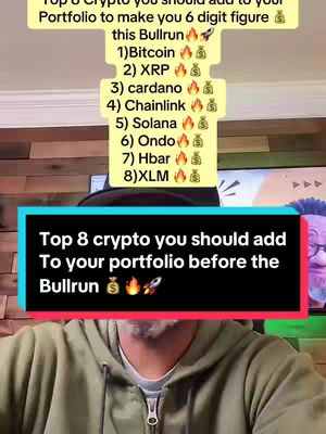 A man in a hoodie looks towards the camera. The image is overlaid with a rectangular black text box containing the video’s title, and a list of eight cryptocurrencies with flame and money bag emojis.