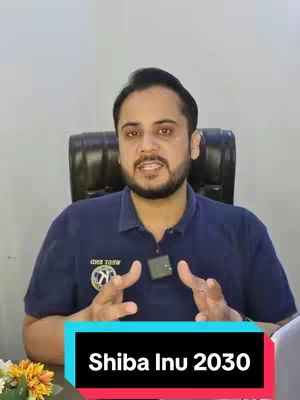 The cover image features a man sitting in a chair with hands raised, overlaid by a black and red bar containing the text 'Shiba Inu 2030'. The background appears to be a plain room.
