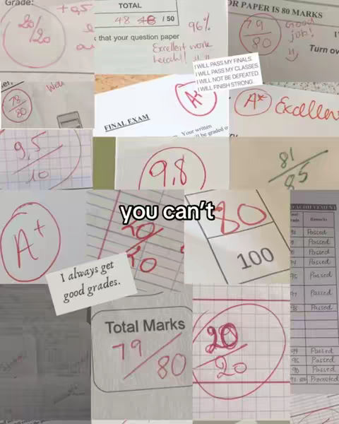 A collage of various school papers and test results, displaying grades and comments. There are several individual papers, each with handwritten notes and circled scores. The overall composition is a random arrangement of papers, with a bold text overlay: "you can't".