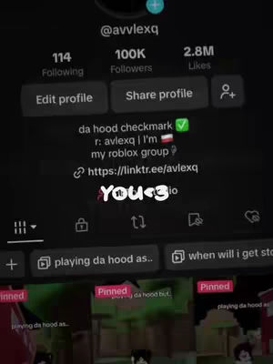 The cover image is a screenshot of a social media profile, likely TikTok, with a black background. The profile shows a username, follower count (100K), and a verified checkmark. There are several interface elements like 'Edit profile' and 'Share profile' buttons and a number of video thumbnails displayed below. The color scheme is mostly black and white, with some highlighted elements in red and green.
