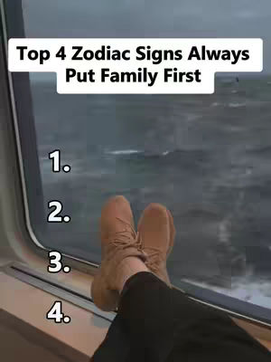 The image shows a cloudy, overcast sky viewed through a train window. Below the window sill, a person has their feet up with their light-colored boots visible. Text over the view reads "Top 4 Zodiac Signs Always Put Family First". Below that, numbers 1-4 are listed.