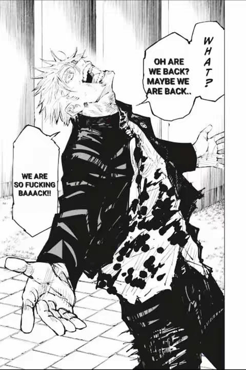 A black and white manga panel showing a character, likely male, with spiky hair, mid-scream. The character's face is contorted in an emotional expression. Text bubbles with phrases like 'WE ARE SO FUCKING BAAACK!!' and 'OH ARE WE BACK? MAYBE WE ARE BACK..' are present.