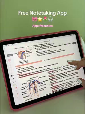 An iPad with a pink case is positioned diagonally, displaying a detailed scientific diagram and notes. A hand with white-painted nails is pointing at the screen. Above, set against a light green backdrop, is the text 'Free Notetaking App' with decorative flower and music note icons.