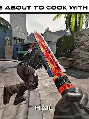 A first-person perspective from a video game, showing a character's hand holding a large, stylized knife in a colorful environment. A character is shown crouched on the ground, with a destroyed building in the background.
