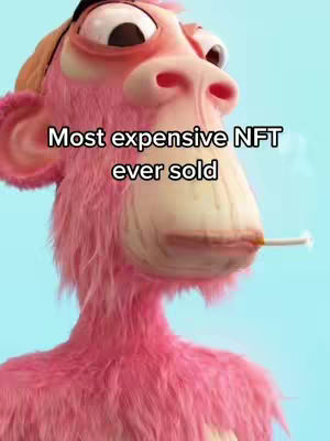 The cover image presents a close-up of a pink, furry cartoon figure resembling an ape. The figure has exaggerated features, including large eyes, a prominent nose, and a wide mouth with a cigarette. Above, text overlays say 'Most expensive NFT ever sold,' set against a light blue background. The composition is centered, focusing on the character's face.