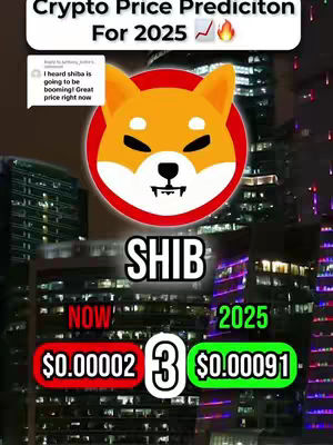 The cover image features a cityscape background with several overlaid elements related to cryptocurrency. At the top, text states Crypto Price Prediction for 2025. Below this, an animated Shiba Inu logo is centered. Under the logo, the word SHIB appears in bold white text. A comment bubble is placed in the top left which includes the text I heard shiba is going to be booming! Great price right now. At the bottom are two red and green rectangular boxes with text. The red box says NOW with the price value $0.00002. The green box says 2025 with the predicted price value $0.00091. The layout is designed to attract attention, using bright colors and bold fonts to highlight the financial predictions. The fiery graphics and the Shiba Inu logo suggest a bullish market.